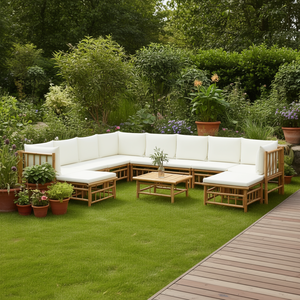Ensemble de salon de jardin modulaire en bambou blanc crème, mobilier d'extérieur, 10 places, design contemporain - Product Image 2