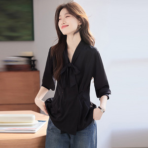 Women's Bow <b>Tie</b> Shirt Top Black Solid Color Satin Wrap And <b>Tie</b> Office Wear Spring Autumn 2025 Fashionable Blouse Long Sleeve - Product Image 1