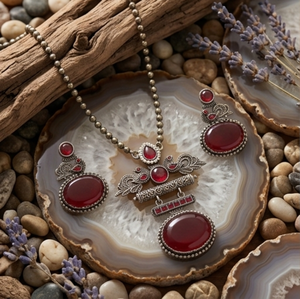 DIVYORO Conjunto de Joyería con Motivo de Pavo Real y Gema de Rubí Oscuro, Joyería Étnica Tradicional Oxidada para Mujer, Diseño de Boutique - Product Image 2