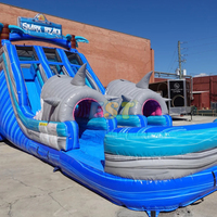 Toboggan aquatique gonflable commercial à double voie, toboggan à glissière à bouche de requin bleu avec piscine pour location de fête en plein air