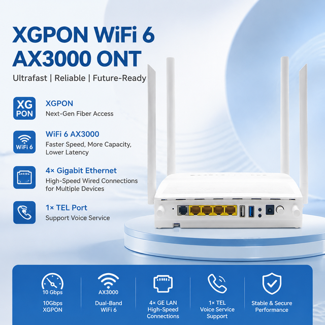 XGPON WiFi 6 AX3000 ONT Dual Band Router 4x Gigabit Ethernet 1x TEL Port Fiber Optic Equipment Wholesale price for ISP