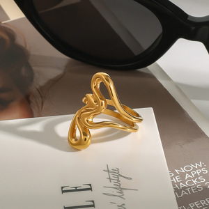 Bague en acier inoxydable doré Yueli, lignes irrégulières, motif cœur ajouré, bijoux de mode unisexe, accessoire de fête - Product Image 3