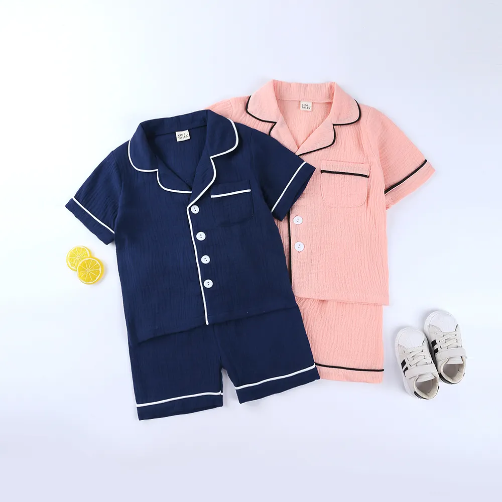 Pyjama d'été à manches courtes pour bébé fille, ensemble en coton et lin, de couleur unie, vêtements de nuit pour enfants