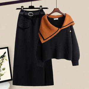 Vente en <span class=keywords><strong>gros</strong></span> d'usine, ensemble deux pièces pour femmes, <span class=keywords><strong>pull</strong></span> à <span class=keywords><strong>col</strong></span> <span class=keywords><strong>roulé</strong></span> de grande taille, automne, couleur contrastée, jupe en tricot fendue, tendance - Product Image 4