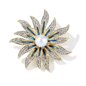 Go Party Hot Sale Metal Alloy Enamel Flower Brooches Pearl Rhinestone Sunflower Brooch Pins for Women Girls Corsages Badges