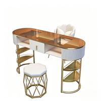Table de manucure ovale 120 cm en verre trempé avec cadre doré, double tiroir de rangement, poste de travail de salon avec tabouret et chaise