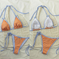 Produsen kualitas tinggi bergaya pakaian renang pantai cetak desain Halter leher Set Bikini wanita kustom dua potong Gingham baju renang