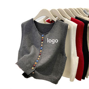 Personalized Rainbow Button Knit Crew Neck <b>Vest</b> <b>Women</b> Spring Autumn <b>Loose</b> Fashionable Layered Sweater Gilet <b>Top</b> - Product Image 2