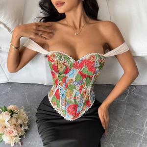 <span class=keywords><strong>Top</strong></span> Corsetto Stile Reale con Stampa Floreale, <span class=keywords><strong>Sexy</strong></span> con Schiena Aperta e Fascia Incrociata, Bustier per Serate, Appuntamenti, Club e Feste, Canotta con Stecche - Product Image 1
