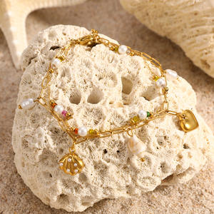 Ocean Theme Stainless Steel <b>Bracelet</b> With Natural Seashells Heart Beads Double Layered Gold Plated Jewelry For Summer Beach Wear - Product Image 3