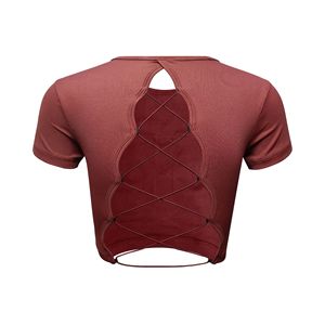 Customizable Yoga <b>Crop</b> <b>Top</b> with Sexy Back Straps Chest Cushion Short Sleeved Sports <b>Top</b> for Plus Sizes Beautiful Hollow Design - Product Image 6
