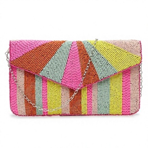 Handmade Embroidered Beaded Clutch Bag Glass Beads Rectangular Shape Multicolor Stripes Halloween Party Evening Purse Shoulder - Product Image 1