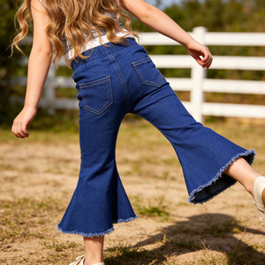 Jeans en denim évasés personnalisés pour petites filles, pantalon à pattes d'éléphant pour enfants, bébés, tout-petits, bleu foncé, déchiré, pour filles de 10 à <span class=keywords><strong>12</strong></span> <span class=keywords><strong>ans</strong></span> - Product Image 3