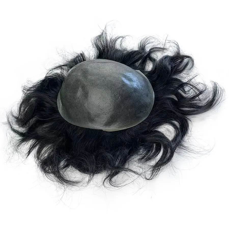 Peruca de cabelo de homem com laço em V de pele fina em estoque de fábrica, peruca de cabelo real para homens