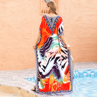 Gaun Pantai Maxi Rok Resort Bahan Polyester 100% Cetak Discharge Four-Way Stretch Gaya Eropa Amerika, Penutup Bikini Wanita