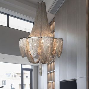 <span class=keywords><strong>Lustre</strong></span> LED post-moderne de luxe léger pour salon, grand modèle à pampilles en chaîne d'aluminium, trois couleurs à intensité variable, finition Or/Argent - Product Image 2
