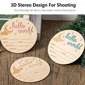 Targa in Legno Incisa Moderna 'Hello World' per Annuncio Nascita, Carta per Traguardi del Bambino - Product Image 3