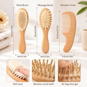 3-Piece Personalized Wooden Baby <b>Hairbrush</b> <b>Set</b> Custom Engraved Name Soft Goat Wool Modern Multifunction Design-Birth Gift - Product Image 5