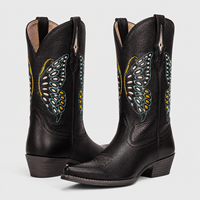 PALITUTU Sepatu Bot Cowgirl Tinggi Setengah Betis, Ujung Persegi, Hak Tebal, Pola Geometris, Anti Selip, Nyaman, Fleksibel, Bordir Sapi