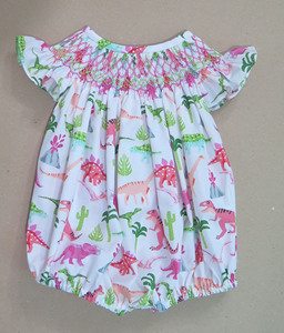 Cute Baby <b>Girl</b> Dinosaur Printed Smocked Flutter Sleeve Bubble Romper Summer Cotton <b>Onesie</b> Outfit - Product Image 5