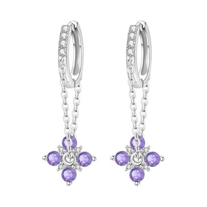 Nuevos y populares pendientes de cadena con diseño de jardín, de latón blanco, con circonita de corte redondo y flor morada, para mujer - Product Image 1