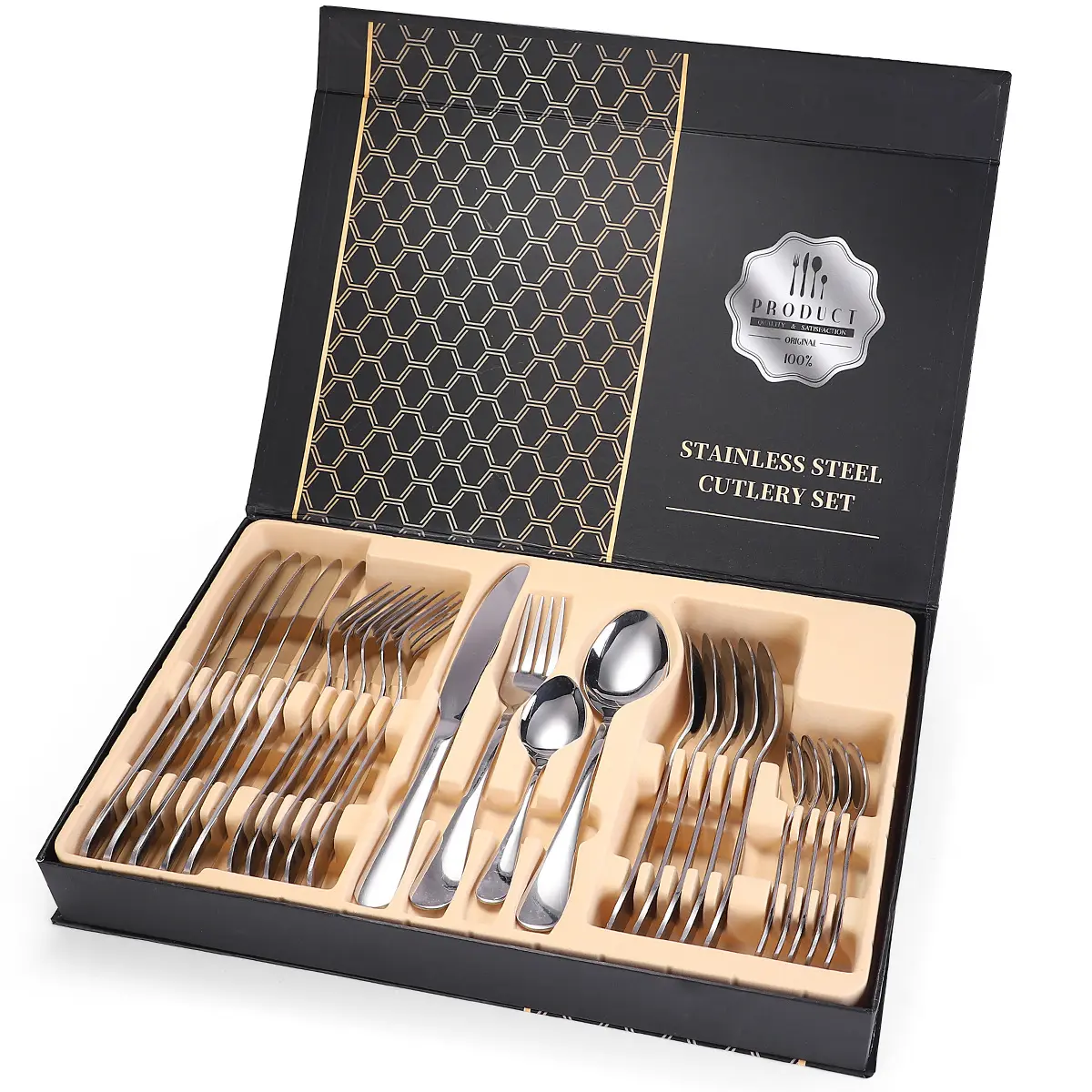 골드 Flatware 식기 세트 스테인레스 스틸 도매 티타늄 골드 칼 세트 24 pcs 선물 상자