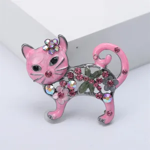 Cartoon Animal Cat Brooches Vintage Rhinestone Flower Kitten Enamel Pin Clothing Lapel Pin Metal Badge