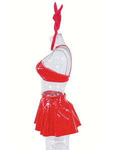Ensemble de tenue de rave pour <span class=keywords><strong>femme</strong></span>, sexy, <span class=keywords><strong>en</strong></span> <span class=keywords><strong>latex</strong></span> métallisé brillant, avec haut à chaînes, mini-jupe <span class=keywords><strong>en</strong></span> cuir PU, string, costume de lapin pour festival de musique, 4 pièces, Cat - Product Image 5