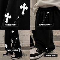 Celana Sweatpants Pria Gothic Y2K Streetwear Bahan Fleece Katun Hitam Custom 420GSM Ukuran Besar Model Baggy Kaki Lebar Motif Silang Pinggang Elastis