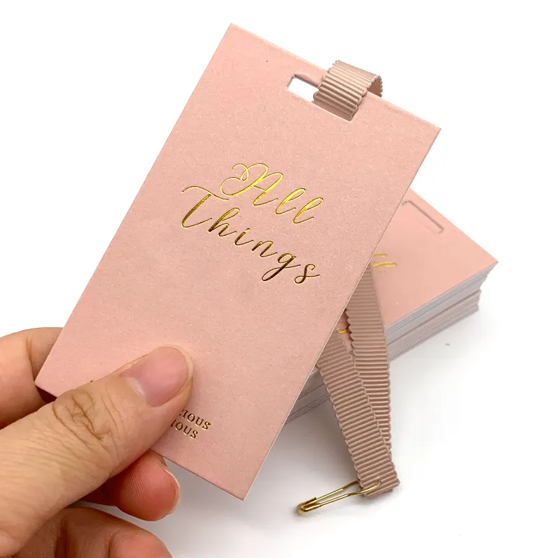 printing factory wholesale custom made pink rectangle Hang Tags dress hangtag gold foil Garment Hang Tags