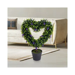PZ-1-114 Lifelike Faked Everygreen Potted Topiary Lavender Leaves with Natural Wood Trunk Artificial Heart Shape Tree