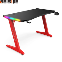 Bureau de jeu BEISIJIE POWER RGB en fibre de carbone, table en forme de Z rouge et noir avec porte-gobelet et crochet