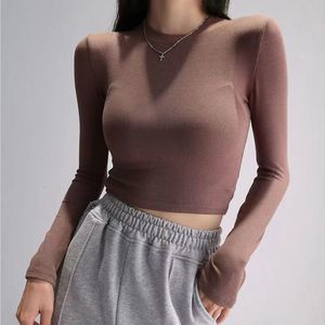 T-Shirt Casual a Maniche Lunghe in Cotone da Donna, Top Corto Aderente a Vita Alta, Primavera Autunno, Stile Europeo Americano, Tinta Unita - Product Image 3
