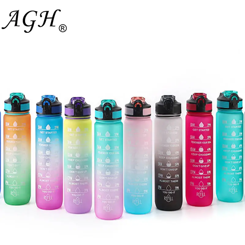 AGH New Design BPA Free 1L 1 Liter Plastic Large Capacity Tritan Gym Sport Motivational Water Bottle with Straw and Time Marker