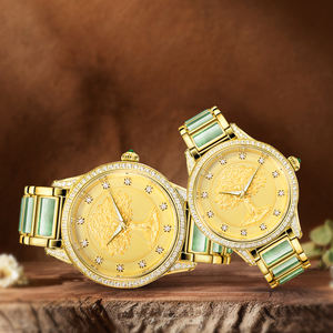 Reloj de pareja de lujo con esfera 3D del Árbol de la Vida, correa de jade verde, incrustaciones de diamantes dorados, reloj mecánico automático para hombre y mujer - Product Image 1