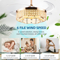 Lampu Plafon LED Kristal Retractable 6 Kecepatan, Kontrol Jarak Jauh, Motor DC Tembaga Nordik, Warna Emas, Pengatur Waktu, Modern Mewah untuk Kantor Rumah