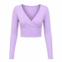 Haut court côtelé pour femme, à manches longues, col en V, coupe ajustée, extensible, décontracté, pour sortir