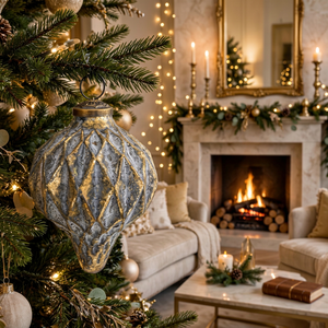 Ornement de Noël en céramique géométrique, boule suspendue pour arbre, or et blanc, peint à la main, pendentif de haute qualité pour la décoration de la maison pendant les fêtes - Product Image 2