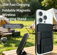 Chargeur sans fil magnétique 15W avec porte-cartes en cuir PU, support pliable et clip dorsal portable pour iPhone 12, 13, 14, 15 Pro Max