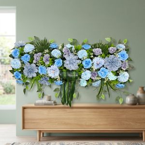 โรงงานดอกไม้ประดิษฐ์ Azure Bliss & Lavender Mist Silk Channel Panel แผงดอกกุหลาบสีน้ำเงินหลายเฉดและใบไม้สีเขียวเงินแบบแถว โมเดิร์น - Product Image 2