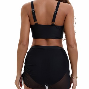 Women's Modest Swimwear Set with Deep V-Neck Mesh <b>Bikini</b> Top, High-Waisted Bottom, and Adjustable Ruched Sheer <b>Sarong</b> Skirt - Product Image 6