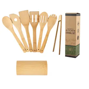 Eco-friendly Kitchenware Kit Perfect for Nonstick Pan Bamboo Kitchen Utensil Cooking Utensils Spatula Set With Holder