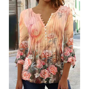 Damesblouse Lichtblauw Wit Roze Bloemenprint met knopen 3/4 mouw Casual Vakantie Basic V-hals Damesblouses - Product Image 5