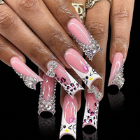 Faux ongles à presser longs, faits main, de luxe, forme cercueil, avec nœud 3D perlé, style French manucure, en acrylique, pour soirée