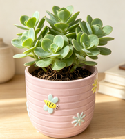 Pot de fleurs en céramique émaillée bleu rayé avec motif nid d'abeille de 4,75 pouces pour plantes d'intérieur, succulentes, herbes et fleurs, pour jardin intérieur ou extérieur