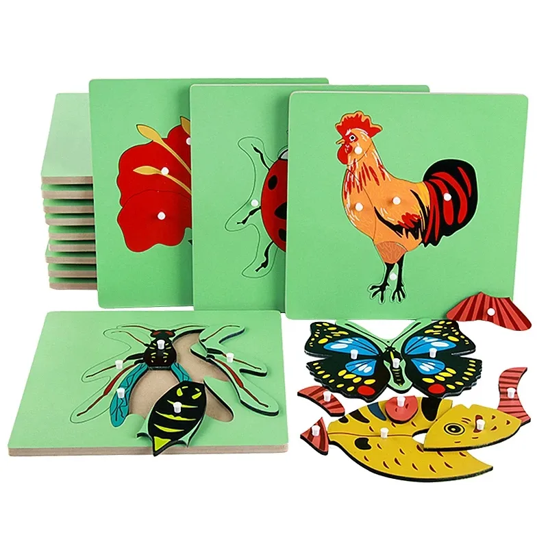 Jouets éducatifs Montessori en bois pour enfants, Puzzle d'animaux, poisson, tortue, animaux, plateau sensoriel, jeu préscolaire, Puzzle 3D