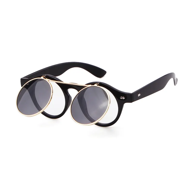 HISTÓRIA STY8008 Gótico UV400 Steampunk Rodada Óculos De Sol Do Vintage Flip Up Clipe Personalizado Moypia Lens Sunglasses Set