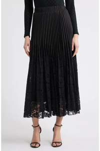 Elegant Women's Black Pleated <b>Lace</b> Floor-Length Skirt <b>Elastic</b> Waist Solid Color All Seasons Style - Product Image 2