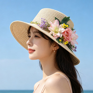 <span class=keywords><strong>Chapeau</strong></span> de paille bohème à grandes fleurs, style français à calotte plate, avec ruban floral rose, pour femme, idéal pour la plage, les vacances et les centres de villégiature de luxe, Sombrero - Product Image 3