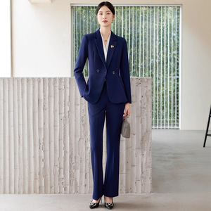 Women's Hotel Uniform Suit Dark Blue Long Sleeve Polyester Professional <b>Work</b> Attire Fall 2025 - Product Image 2